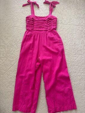 Girls Hot Pink Ruffle Bodice Wide-Leg Jumpsuit with Tie Straps